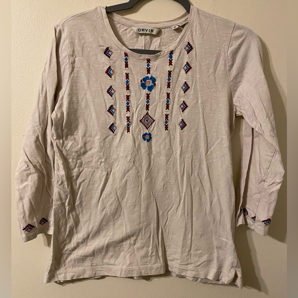 Womens Orvis‎ White Native American Design Long Sleeve Tee T-Shirt Sz Medium